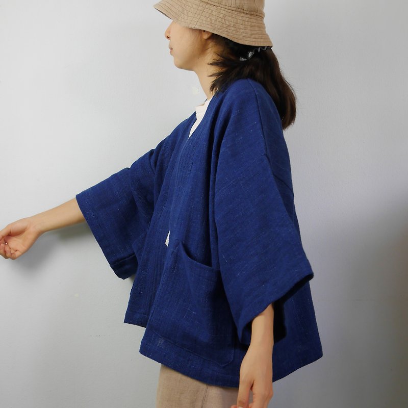 Handwoven cotton  short Kimono... (Blue) - ジャケット - コットン・麻 ブルー