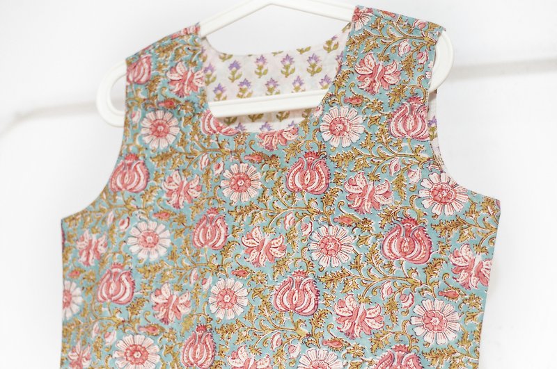 Woodcut Printed Cotton Top/Indian Cotton Blockprint Vest/Double-sided Wearable Wide Vest-Vine - Women's Vests - Cotton & Hemp Multicolor