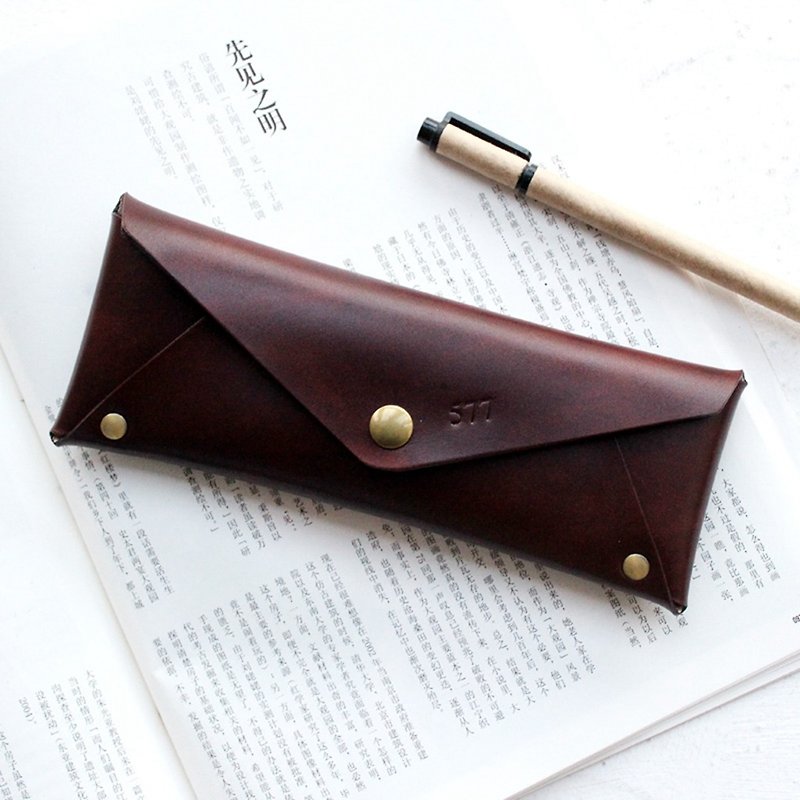 Dark brown leather large capacity pencil case stationery bag glasses case can be customized free lettering - Pencil Cases - Genuine Leather Brown