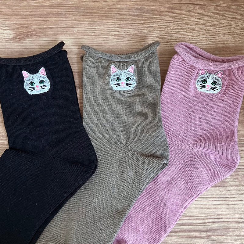 Cat ankle socks【nyaigs】Gray & White bicolor Cat _3P set - Socks - Cotton & Hemp Black