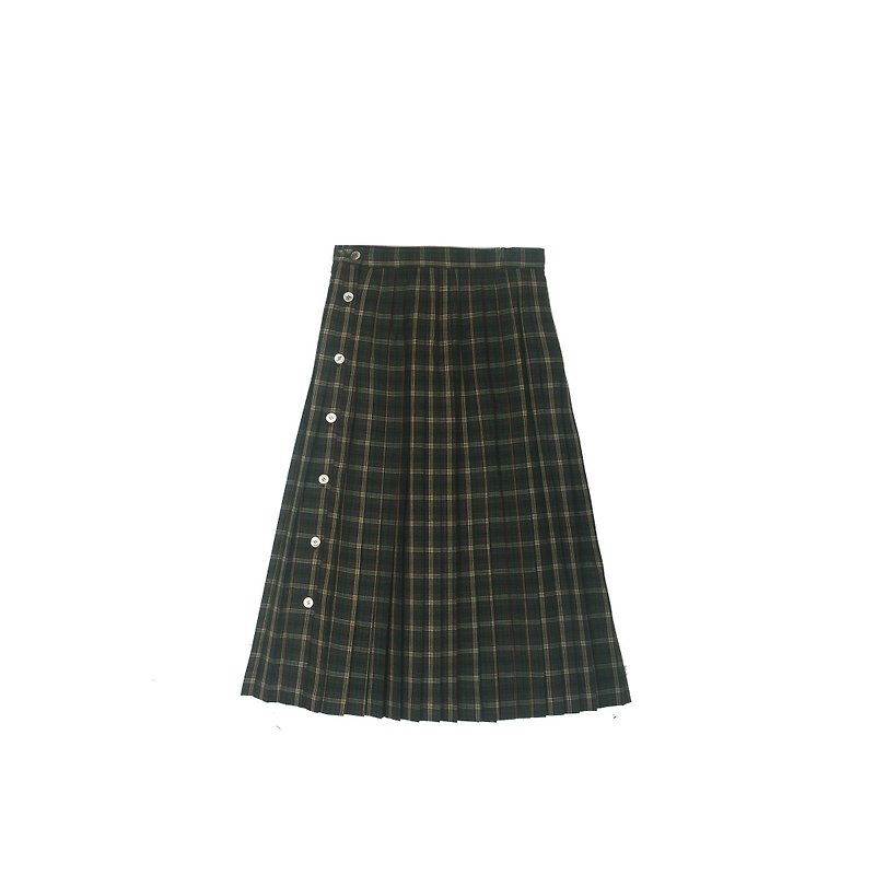 [Eggs] plant leaf green vintage buttons vintage wool pleated skirt - กระโปรง - ขนแกะ สีเขียว