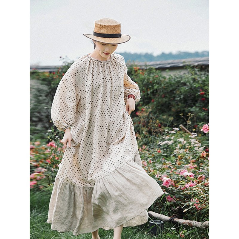 月見草咖灰碎花亞麻棉圓領長連衣裙 - 洋裝/連身裙 - 棉．麻 