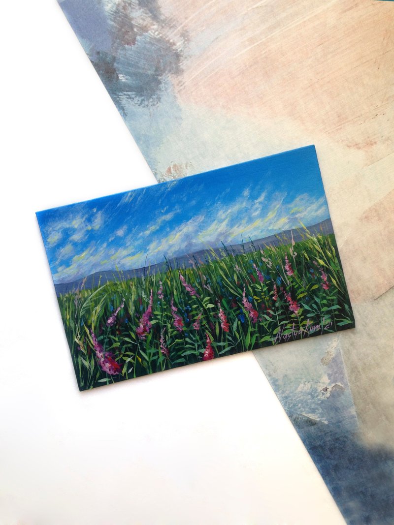 The flower field landscape. Small landscape. Flower painting. Blooming field. - 海報/掛畫/掛布 - 其他金屬 綠色