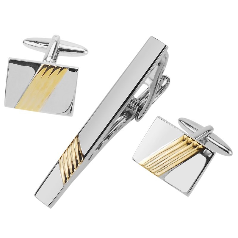 Silver and Gold Repp Stripe Cufflinks and Tie Clip Set - เนคไท/ที่หนีบเนคไท - โลหะ สีเงิน