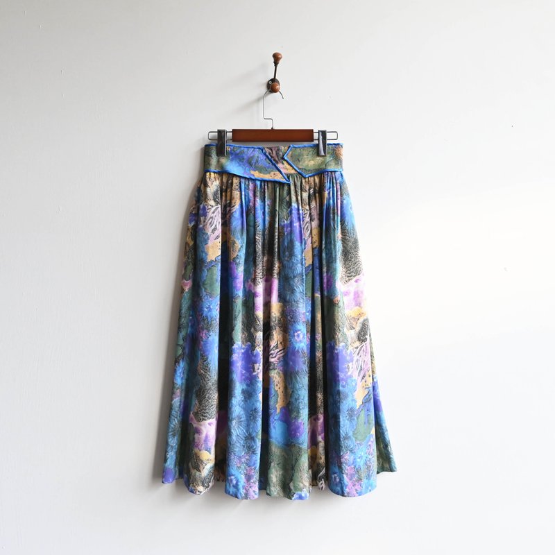 [Egg Plant Vintage] Ocean Coral Print High Waist Vintage Long Skirt - กระโปรง - ไฟเบอร์อื่นๆ สีน้ำเงิน