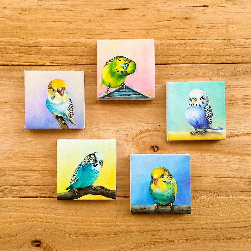 Set of 5 Budgies Oil Painting. Mini Parakeet Original Miniature Bird Portrait. - Posters - Cotton & Hemp 