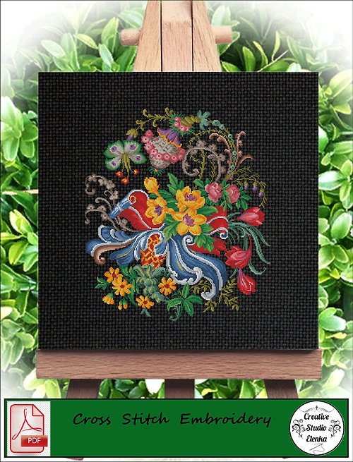 CreativeStudioElenka Vintage Cross Stitch Scheme Bouquet and butterfly - PDF Embroidery Scheme