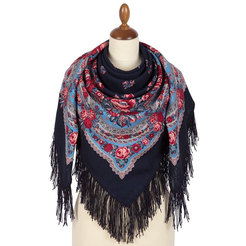 Pavlovo Posad Russian Shawl 100% Wool Scarf 125 cm, Wrap Woolen Fringe 1901-14 - 絲巾 - 羊毛 藍色