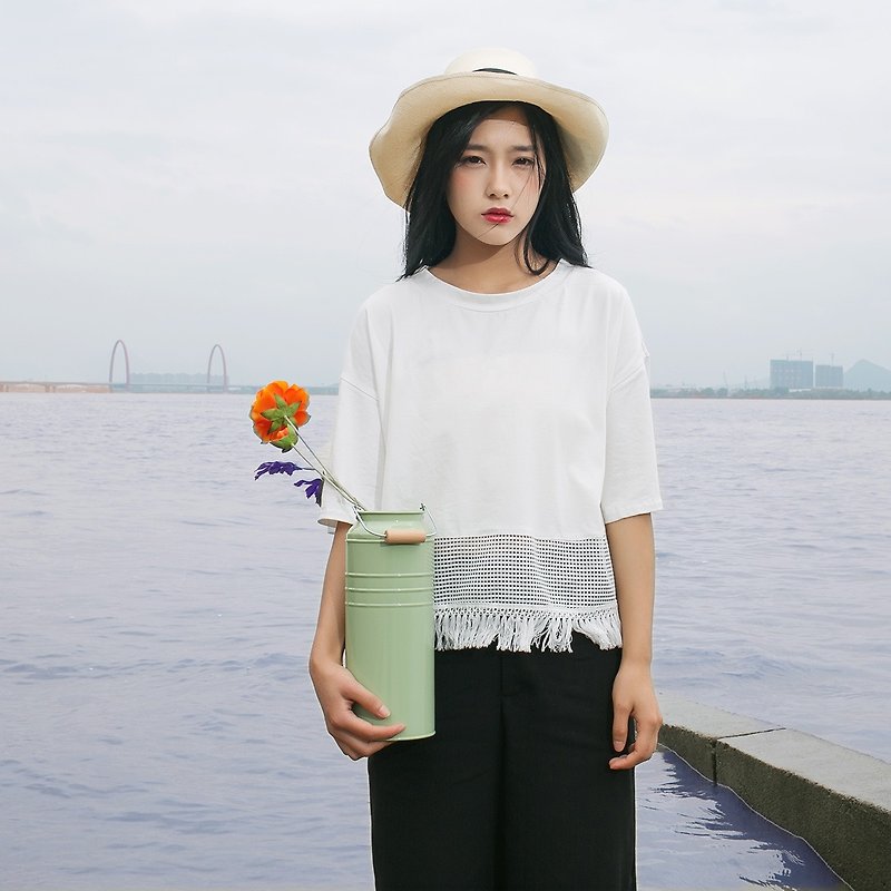 Annie Chen original design in the face of the wave 2016 summer new round neck short sleeve T-shirt shirt sexy female - เสื้อยืดผู้หญิง - ผ้าฝ้าย/ผ้าลินิน ขาว