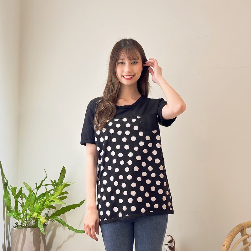 Hana Mokuba crew neck fabric patchwork polka dot casual T-shirt - Women's T-Shirts - Other Materials 