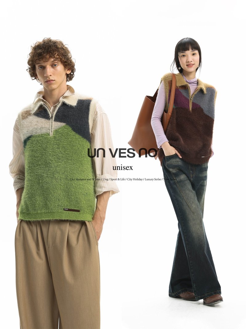 [Soft imitation mink] Unvesno (UN) landscape-style multi-color splash-color zipper sweater POLO vest - Men's Sweaters - Other Materials 