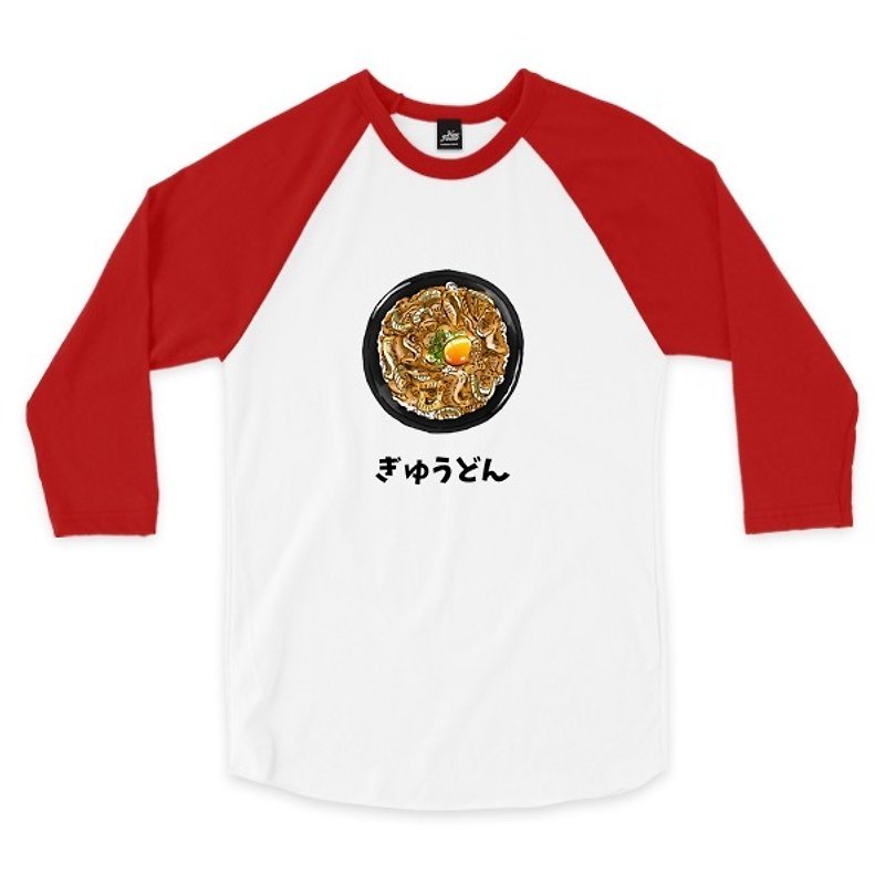 Gyudon-White/Red-3/4 Sleeve Baseball T-Shirt - Men's T-Shirts & Tops - Cotton & Hemp White