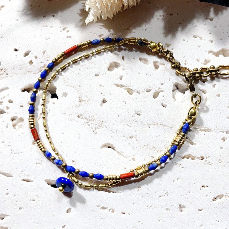 VIIART. Fire Nation. Lapis Lazuli Warring States Red Agate Bronze Retro Vintage Bracelet - สร้อยข้อมือ - ทองแดงทองเหลือง สีน้ำเงิน