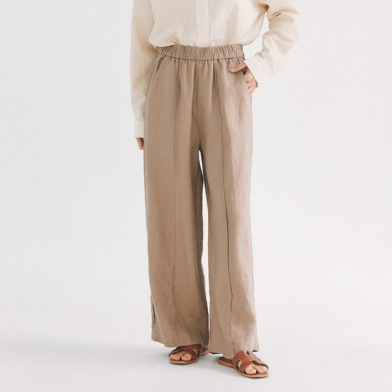 【Simply Yours】Line Straight Wide Pants Coffee F - กางเกงขายาว - ผ้าฝ้าย/ผ้าลินิน สีกากี