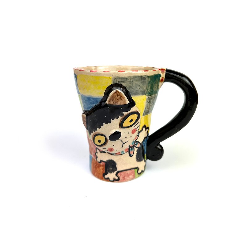 Nice Little Clay Handmade Bell Cup Cute Black and White Cat 0101-148 - แก้วมัค/แก้วกาแฟ - ดินเผา ขาว