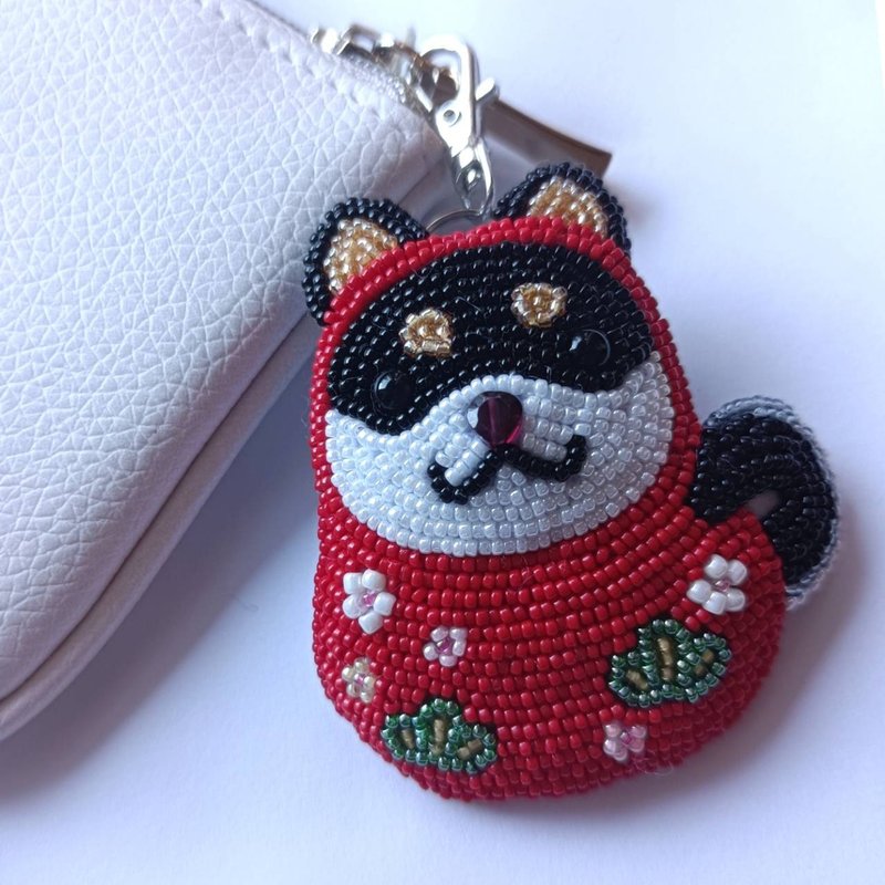 Black Shiba Inu with a Garnet Nose Charm, Bag Charm, Keychain, Choice of metal fittings - ที่ห้อยกุญแจ - วัสดุอื่นๆ 