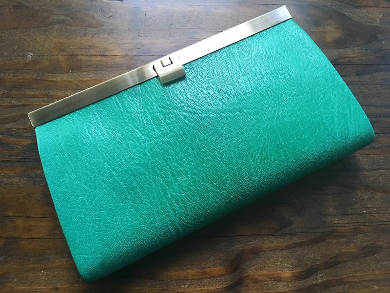 16 French goat leather cards storage long wallet rectangle Teal - กระเป๋าสตางค์ - หนังแท้ สีเขียว