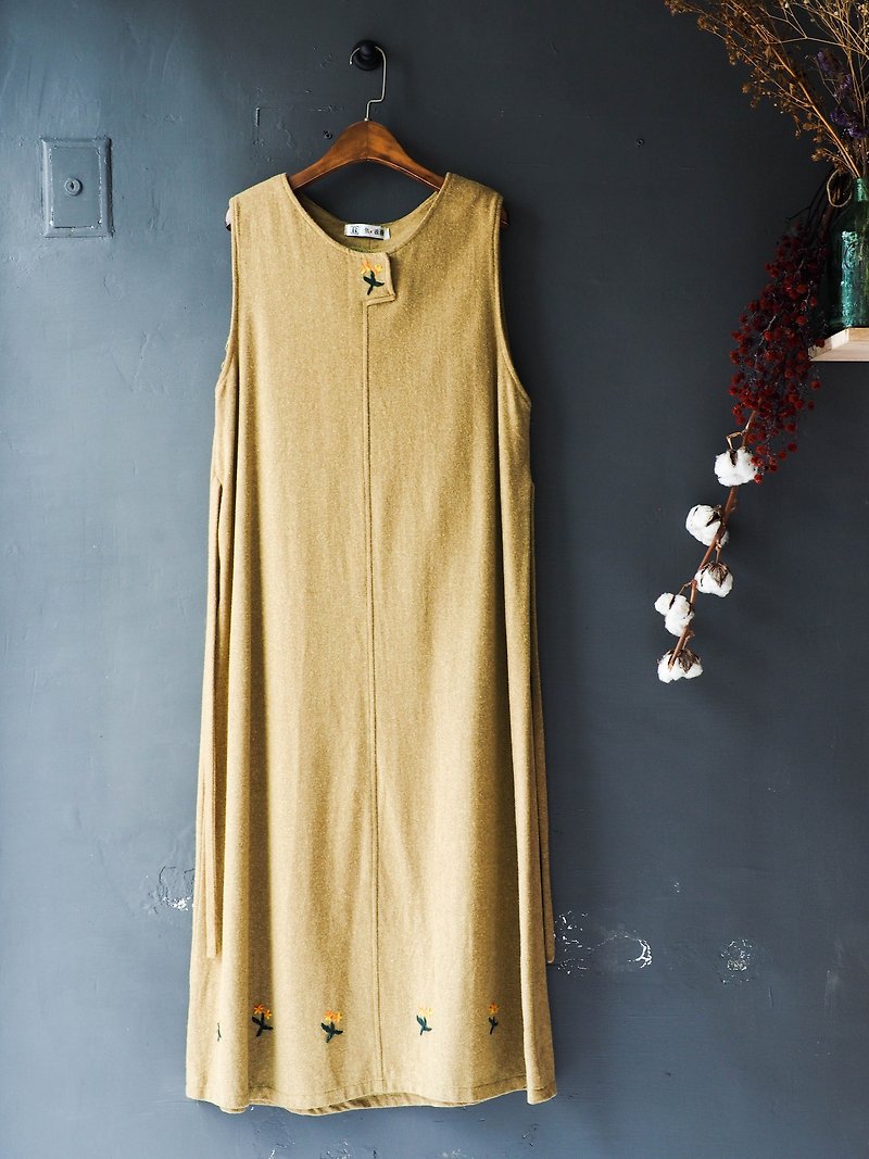 River Hill - Saga mustard yellow embroidery Princess woolly antique coveralls harness dress denim overalls oversize vintage denim - One Piece Dresses - Wool Yellow