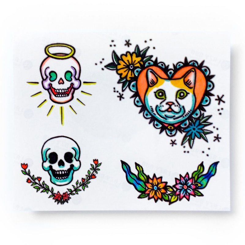 LAZY DUO Tattoo Stickers Old School Pop Color Neon Orange Angel Skull Devil Cat - Temporary Tattoos - Paper 