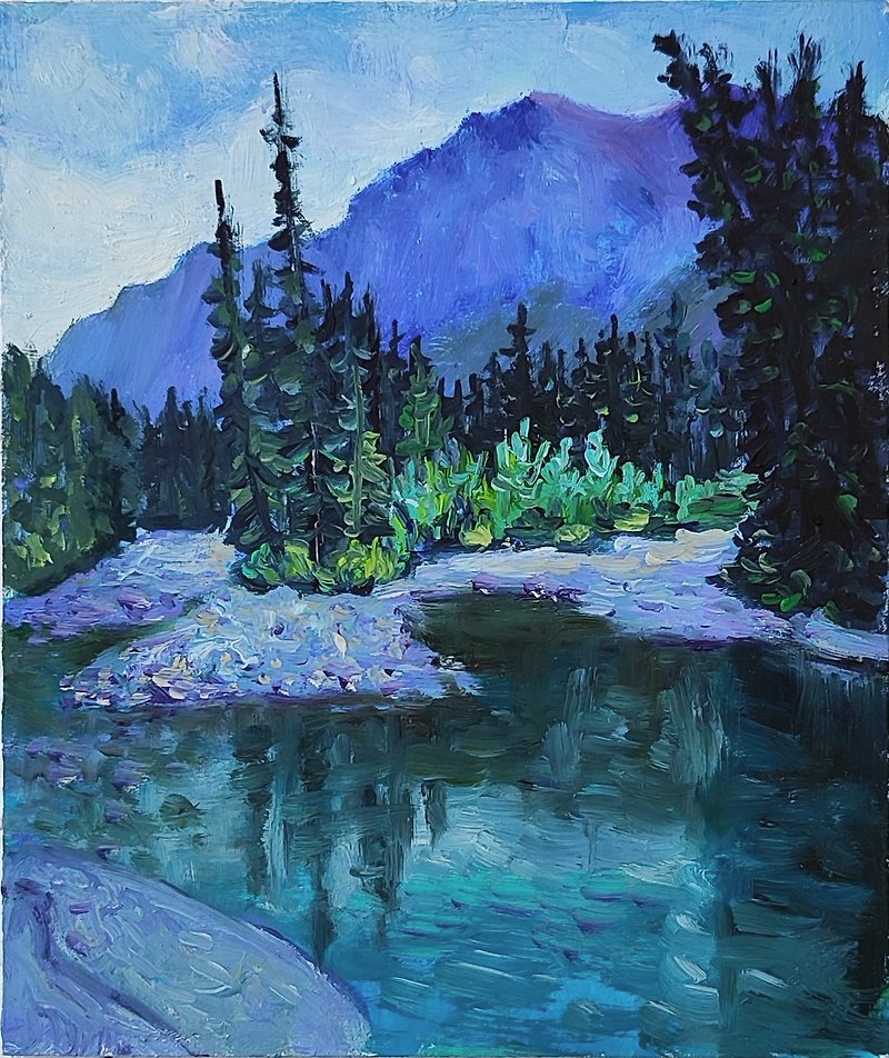 หุบเขาภูเขาในแคนาดา งานศิลปะ ภาพวาดสีน้ำมันทะเลสาบ งานศิลปะวิจิตรศิลป์โดยงานศิลป - ตกแต่งผนัง - วัสดุอื่นๆ สีม่วง