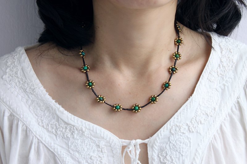 Chrysocolla Hand Woven Necklaces Daisy Flower Braided Beaded Brass Necklaces - Necklaces - Other Metals Green