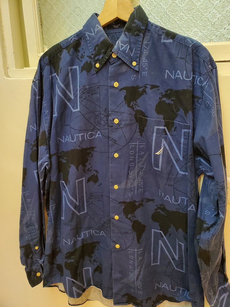 棉．麻 男襯衫/休閒襯衫 藍色 - 有禮貌穿搭 日本古著 nautica 航海圖騰 棉質 長襯 M號 台灣製