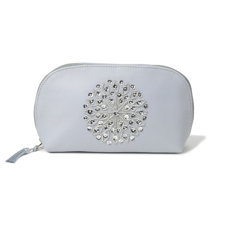 Gray cosmetic pouch moroccan Leather Sequined hand embroider Makeup bag (Large) - กระเป๋าเครื่องสำอาง - หนังแท้ สีเทา