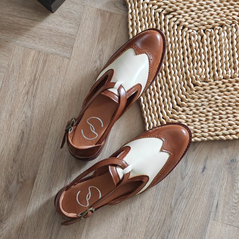 Large size contrasting color Mary Jane shoes made in Taiwan, retro handmade genuine leather wide last ladies shoes with pointed toe - bright Brown - รองเท้าหนังผู้หญิง - หนังแท้ สีนำ้ตาล