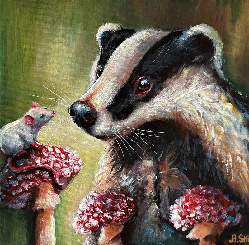 Original painting Badger, Forest, Animal art, Animals lover gift, Woodland art - 壁貼/牆壁裝飾 - 棉．麻 多色