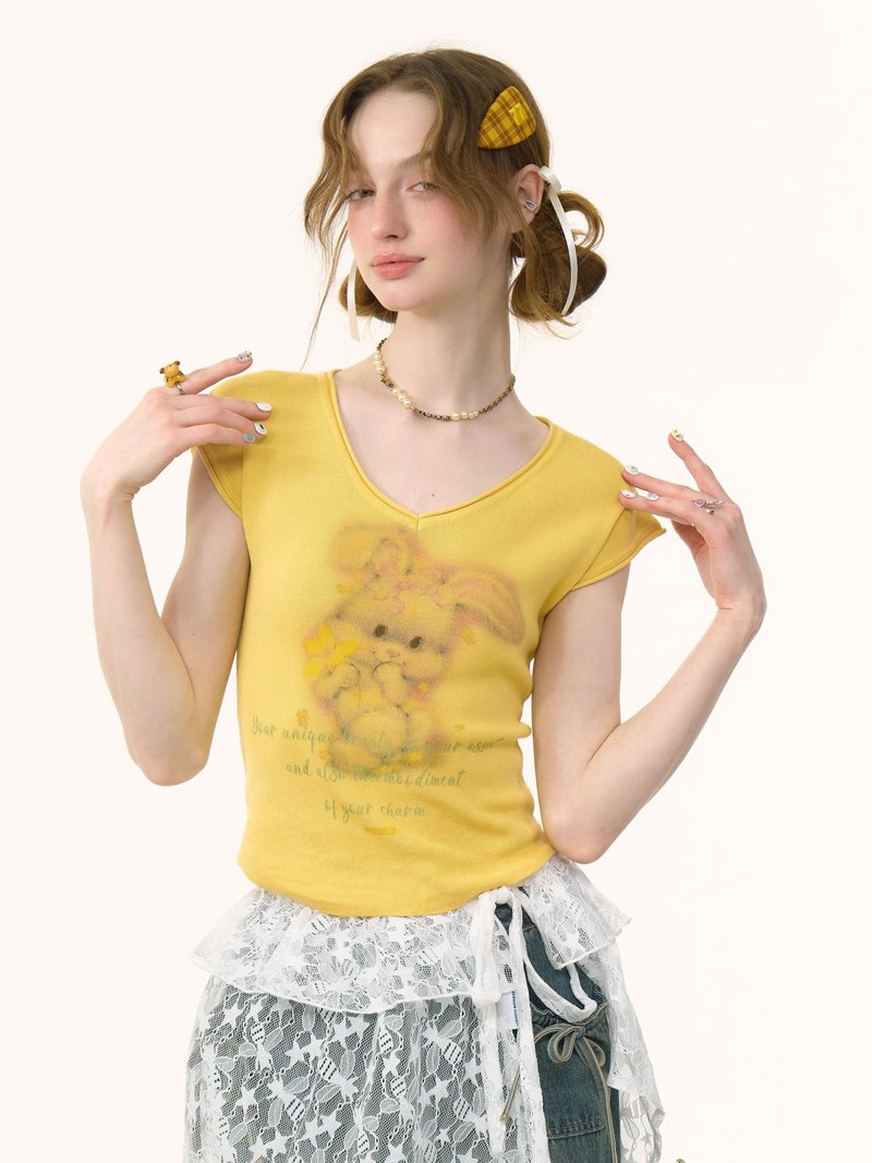 ziziFei夏季美式復古修身顯瘦短款上衣兔子印花v領黃色短袖t恤女 - 女 T 恤 - 其他材質 