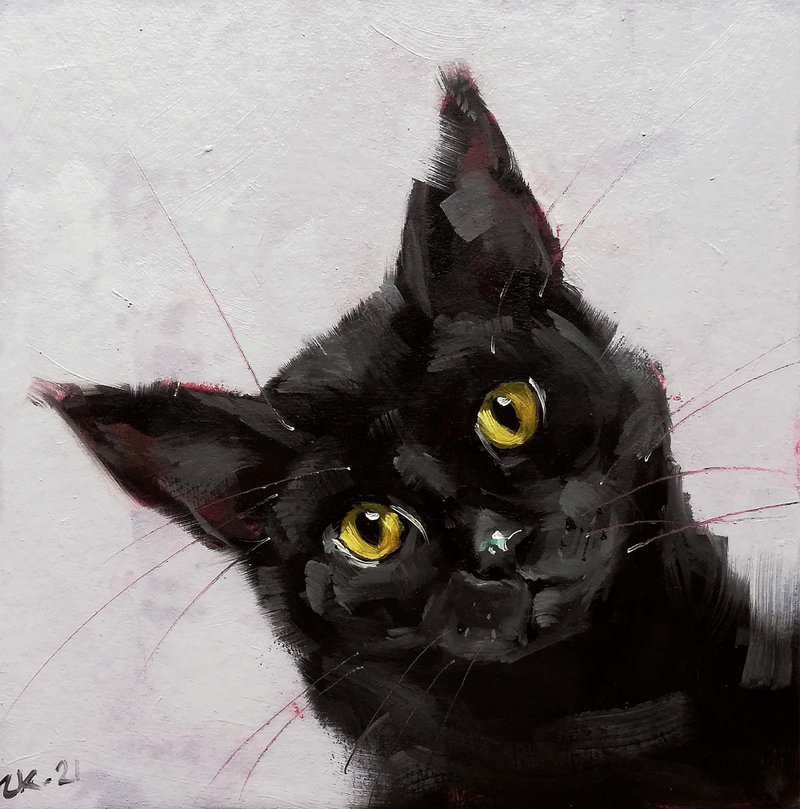 Black Cat Oil Painting Original Animal Art Pet Portrait MADE TO ORDER - 海報/掛畫/掛布 - 其他材質 多色