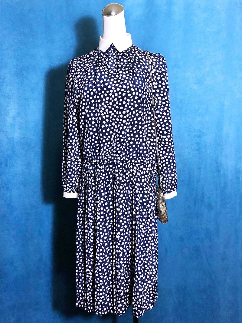 Drawstring long-sleeved vintage dress / brought back to VINTAGE abroad - One Piece Dresses - Polyester Blue