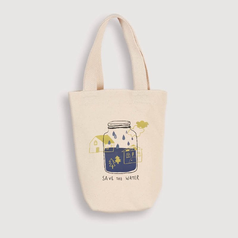 [Illustration] SAVE THE WATER | Ribbon Handle Canvas Beverage Bag _ Kettle Bag Wenqing - Beverage Holders & Bags - Cotton & Hemp White