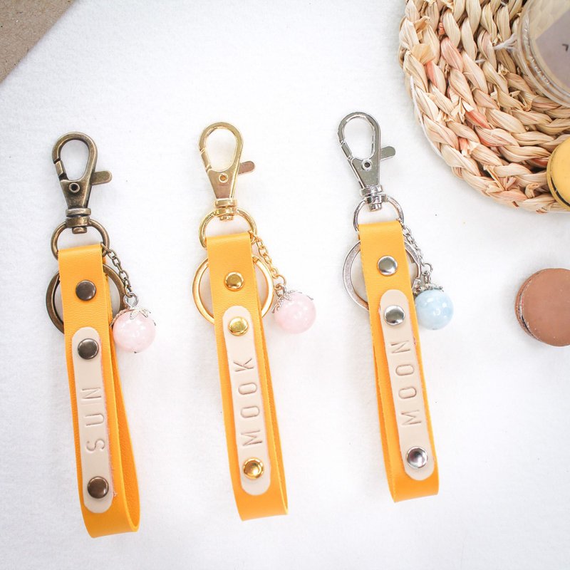 Yellow Leather Key Ring hand made with Lucky Stone - 吊飾/掛飾 - 人造皮革 黃色