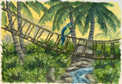 Anastasia Art - 独特的工艺 Tropical Heaven oil painting, forest illustration, ara parrot, palm tree, green