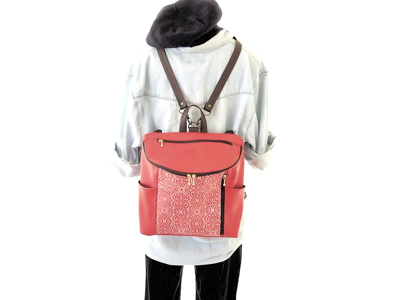 Japanese Obi Fabrics: Brocade Ultra-lightweight 350g 3-way backpack: Arisui Red - Backpacks - Thread Red
