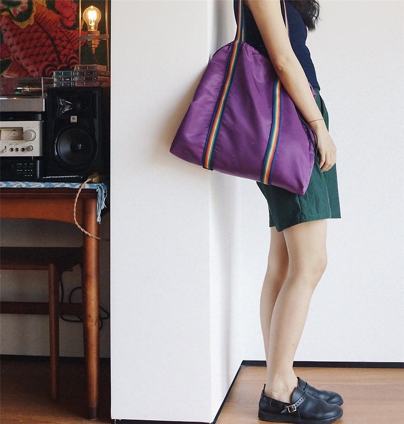 紫色 2色 防水面料 加厚彩虹色織帶托特包 大容量休閒購物袋 - 手提包/手提袋 - 其他人造纖維 紫色