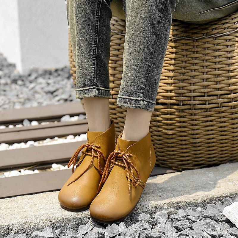 真皮 女款短靴 咖啡色 - 復古圓頭秋季舒適短靴手工磨砂系帶女靴