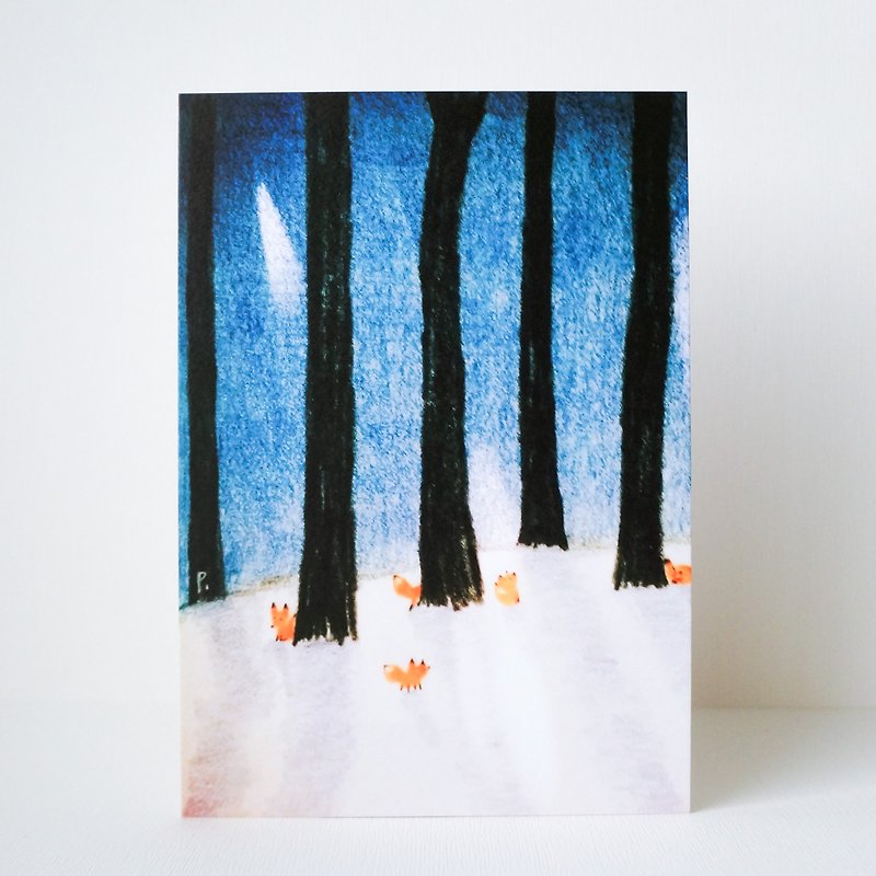 postcard fox in the forest at night - การ์ด/โปสการ์ด - กระดาษ สีน้ำเงิน