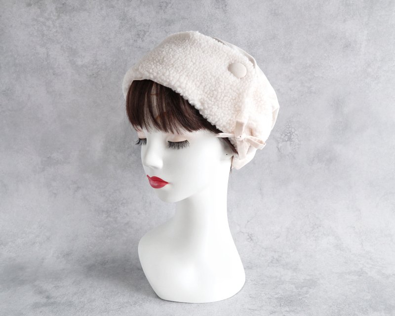 送料込 日本製 ボタン&リボン付サッシュベルト(アルパカボア/スノーカラー)とミルクカラー - 髮夾/髮圈 - 棉．麻 白色