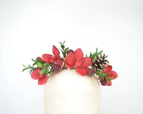 Elle Santos Crown Flower Headpiece in Romantic Red with Silk Flower Orchids and Berries