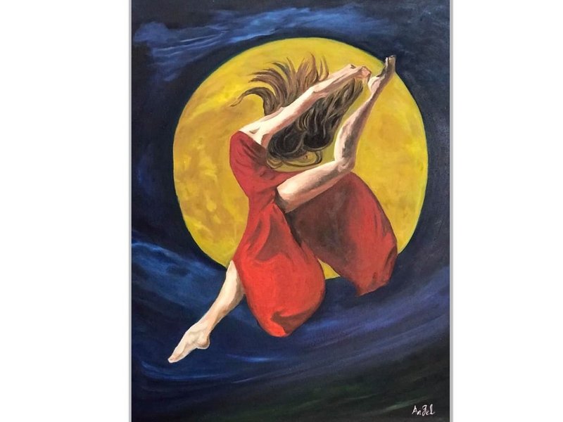 Angel Gallery / Frameless Painting of Girls Dancing in the Moonlight / Handmade Oil Painting - โปสเตอร์ - ผ้าฝ้าย/ผ้าลินิน สีเหลือง