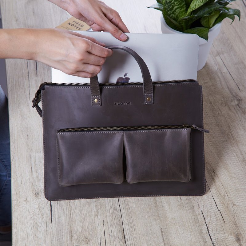 Leather laptop sleeve with handles, stylish laptop bag - Tablet & Laptop Cases - Genuine Leather Brown