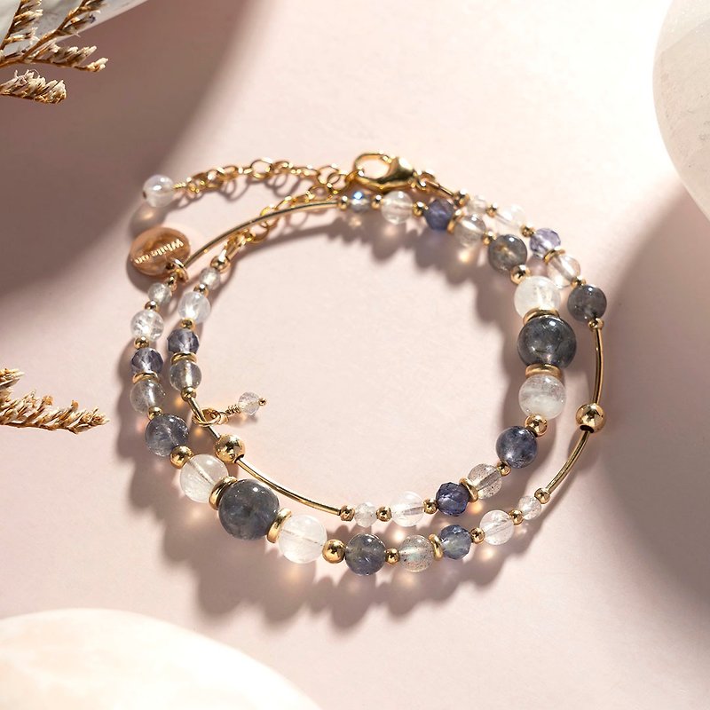 Cordierite moonstone labradorite 14K gold-filled double circle crystal bracelet gift - Bracelets - Crystal Blue
