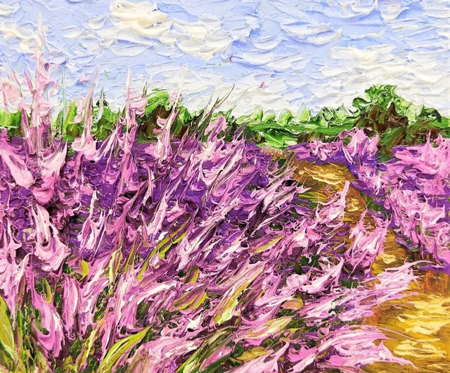 ラベンダー絵画花オリジナルアートミニチュア用花作畫、手繪油畫、微型