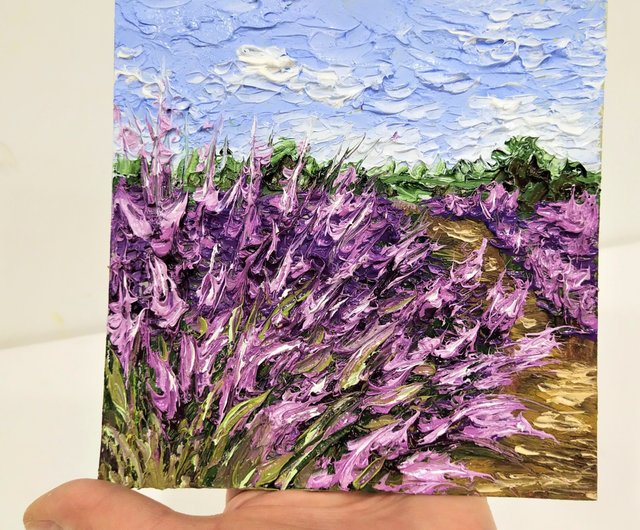 ラベンダー絵画花オリジナルアートミニチュア用花作畫、手繪油畫、微型