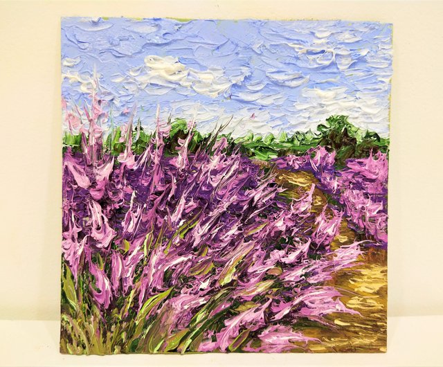 ラベンダー絵画花オリジナルアートミニチュア用花作畫、手繪油畫、微型