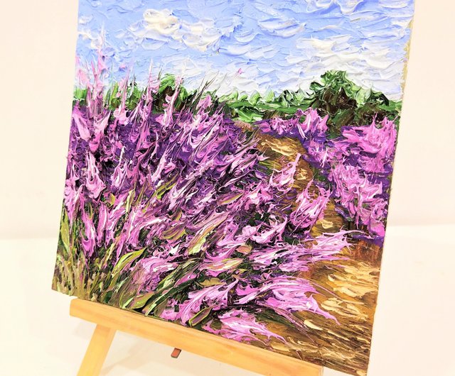 ラベンダー絵画花オリジナルアートミニチュア用花作畫、手繪油畫、微型
