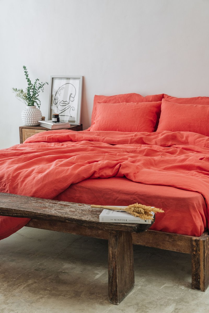 Coral linen pillowcase / Orange pillow cover / Euro, American, Taiwan size - 寢具/床包 - 亞麻 橘色