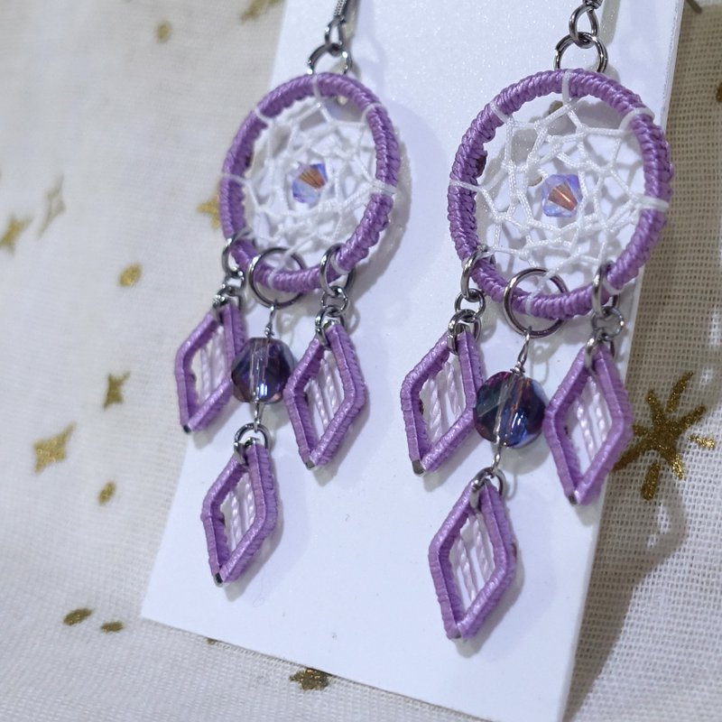 Pendant│Dream Catcher Earrings│Handwoven Earrings Steel Needle/ Adjustable Clip-On - ต่างหู - วัสดุอื่นๆ สีม่วง